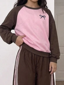 兒童青少年女孩咖啡色與粉色拼色蝴蝶結印花運動衫套裝 2件組 休閒運動百搭日常款 加厚保暖內裡 秋冬新款 - 粉色 - 查看 4