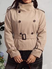 GalTyme Plus Size Solid Color Double-Breasted Cropped Trench Coat Jacket Autumn Formal Evening Grey Elegant Business Casual - Khaki - View 9