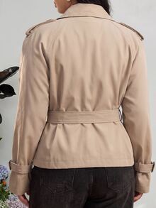 GalTyme Plus Size Solid Color Double-Breasted Cropped Trench Coat Jacket Autumn Formal Evening Grey Elegant Business Casual - Khaki - View 2