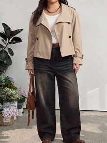 GalTyme Plus Size Solid Color Double-Breasted Cropped Trench Coat Jacket Autumn Formal Evening Grey Elegant Business Casual - Khaki - View 7