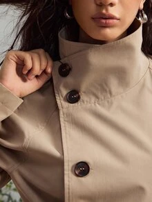 GalTyme Plus Size Solid Color Double-Breasted Cropped Trench Coat Jacket Autumn Formal Evening Grey Elegant Business Casual - Khaki - View 1