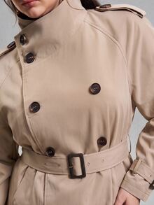 GalTyme Plus Size Solid Color Double-Breasted Cropped Trench Coat Jacket Autumn Formal Evening Grey Elegant Business Casual - Khaki - View 6
