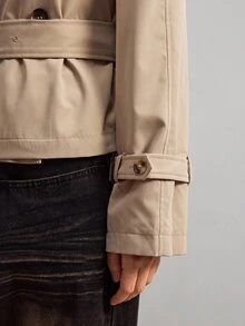 GalTyme Plus Size Solid Color Double-Breasted Cropped Trench Coat Jacket Autumn Formal Evening Grey Elegant Business Casual - Khaki - View 5