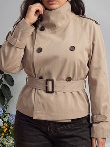 GalTyme Plus Size Solid Color Double-Breasted Cropped Trench Coat Jacket Autumn Formal Evening Grey Elegant Business Casual - Khaki - View 8