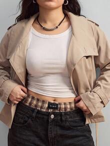GalTyme Plus Size Solid Color Double-Breasted Cropped Trench Coat Jacket Autumn Formal Evening Grey Elegant Business Casual - Khaki - View 4