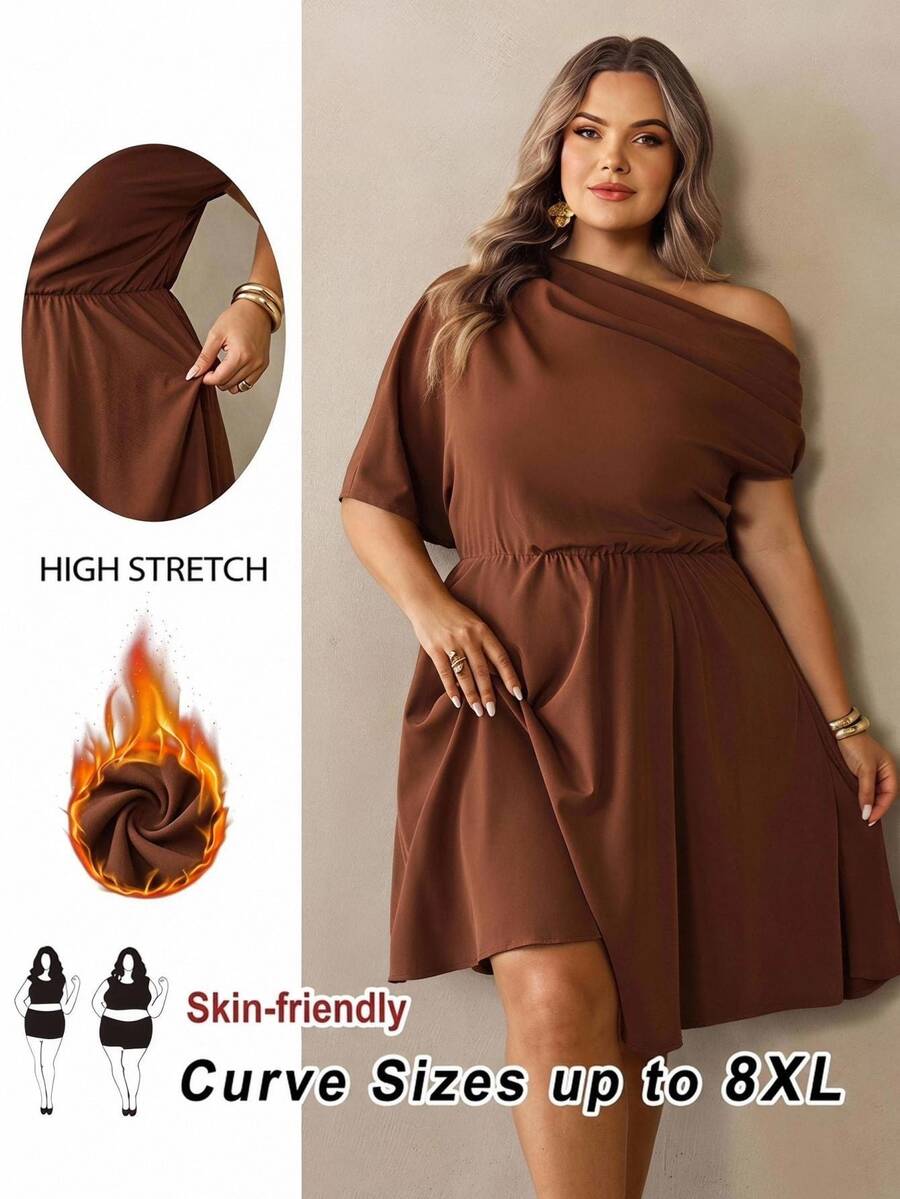 SHEIN CURVE+ Gaun A-Line Lengan Pendek Cokelat Ukuran Besar dengan Garis Leher Asimetris untuk Pakaian Kerja Musim Gugur/Musim Dingin 2026 22W - Coklat - View 1