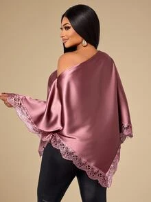 KIORVELLA Plus Size Elegant Solid Color Lace Patchwork Asymmetric Blouse Fall - Pink - View 6