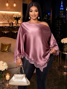 KIORVELLA Plus Size Elegant Solid Color Lace Patchwork Asymmetric Blouse Fall - Pink - View 3