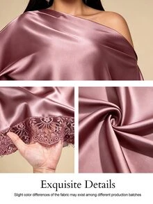KIORVELLA Plus Size Elegant Solid Color Lace Patchwork Asymmetric Blouse Fall - Pink - View 9