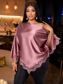 KIORVELLA Plus Size Elegant Solid Color Lace Patchwork Asymmetric Blouse Fall - Pink - View 2