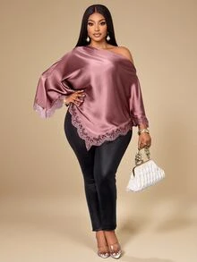 KIORVELLA Plus Size Elegant Solid Color Lace Patchwork Asymmetric Blouse Fall - Pink - View 5