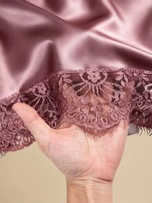 KIORVELLA Plus Size Elegant Solid Color Lace Patchwork Asymmetric Blouse Fall - Pink - View 7