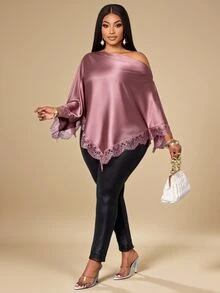KIORVELLA Plus Size Elegant Solid Color Lace Patchwork Asymmetric Blouse Fall - Pink - View 4