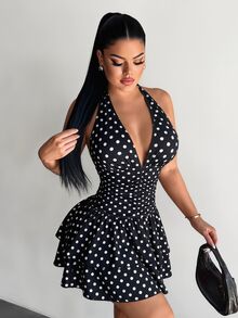 SHEIN SXY 女款波點印花深V領性感掛脖荷葉邊洋裝 - 黑與白 - 查看 5