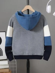 SHEIN 兒童青少年男孩休閒學院風連帽舒適拼色秋季毛衣，適合學校、日常休閒穿著、外出與運動 - 灰色 - 查看 5