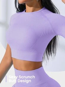 SHEIN Sovereign Charm 无缝高弹力插肩袖运动套装 女士健身套装 女士健身套装 女士紧身裤套装 女士健身房服装 - 紫色 - 查看 7