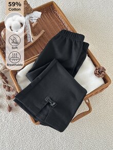 SHEIN Celana Panjang Anak Perempuan, Terbuat dari Campuran Katun dengan Pita, Model Mengembang, Cocok untuk Musim Semi, Musim Panas, Musim Gugur, Musim Dingin, Halloween, dan Natal. - Hitam - View 3