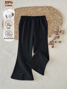 SHEIN Celana Panjang Anak Perempuan, Terbuat dari Campuran Katun dengan Pita, Model Mengembang, Cocok untuk Musim Semi, Musim Panas, Musim Gugur, Musim Dingin, Halloween, dan Natal. - Hitam - View 5