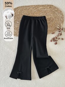SHEIN Celana Panjang Anak Perempuan, Terbuat dari Campuran Katun dengan Pita, Model Mengembang, Cocok untuk Musim Semi, Musim Panas, Musim Gugur, Musim Dingin, Halloween, dan Natal. - Hitam - View 8