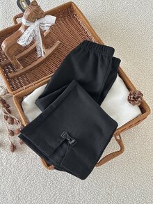 SHEIN Celana Panjang Anak Perempuan, Terbuat dari Campuran Katun dengan Pita, Model Mengembang, Cocok untuk Musim Semi, Musim Panas, Musim Gugur, Musim Dingin, Halloween, dan Natal. - Hitam - View 10