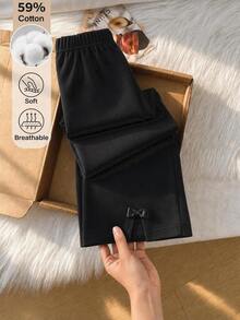 SHEIN Celana Panjang Anak Perempuan, Terbuat dari Campuran Katun dengan Pita, Model Mengembang, Cocok untuk Musim Semi, Musim Panas, Musim Gugur, Musim Dingin, Halloween, dan Natal. - Hitam - View 2