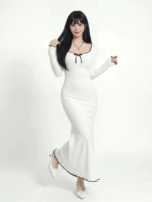 Sweetina Slim Fit Casual Romantic Elegant Colorblock Wavy Hem Long Sleeve Long Fishtail Dress Everyday Date White And Black Autumn - White - View 6