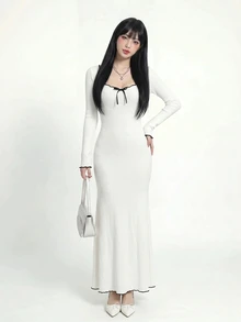 Sweetina Slim Fit Casual Romantic Elegant Colorblock Wavy Hem Long Sleeve Long Fishtail Dress Everyday Date White And Black Autumn - White - View 7