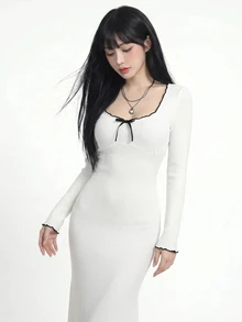 Sweetina Slim Fit Casual Romantic Elegant Colorblock Wavy Hem Long Sleeve Long Fishtail Dress Everyday Date White And Black Autumn - White - View 4
