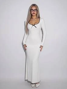 Sweetina Slim Fit Casual Romantic Elegant Colorblock Wavy Hem Long Sleeve Long Fishtail Dress Everyday Date White And Black Autumn - White - View 1