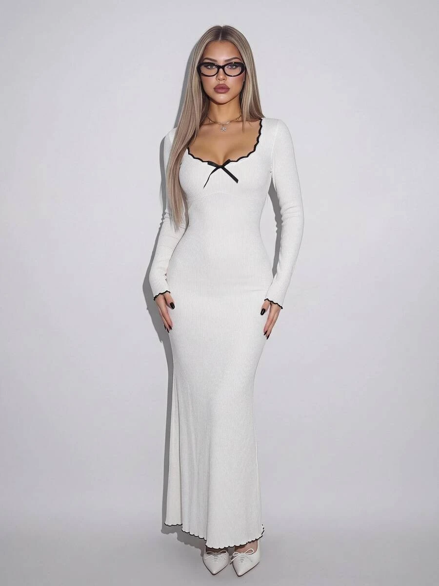 Sweetina Slim Fit Casual Romantic Elegant Colorblock Wavy Hem Long Sleeve Long Fishtail Dress Everyday Date White And Black Autumn - White - View 1
