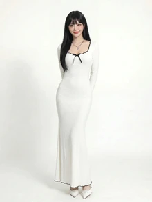 Sweetina Slim Fit Casual Romantic Elegant Colorblock Wavy Hem Long Sleeve Long Fishtail Dress Everyday Date White And Black Autumn - White - View 5