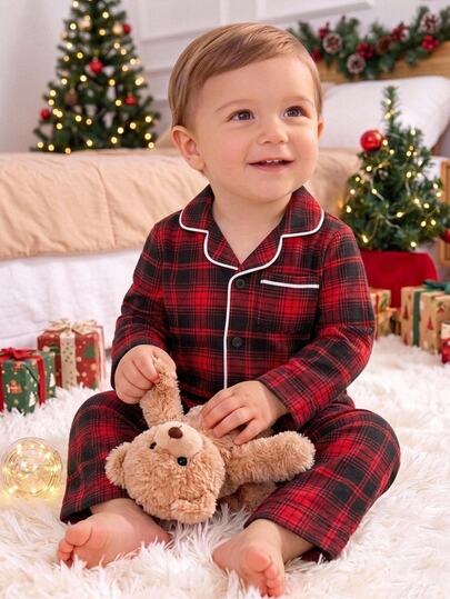 SHEIN Unisex Baby Boy/Girl Baby Boy 2pcs Autumn/Winter Casual Cute Navy Blue Plaid Pajama Set, Home Wear Set, Suitable For Home Rest, Sleep And Daily Outings
