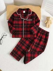 SHEIN 男女嬰兒適用 2件組秋冬休閒可愛海軍藍格紋睡衣套裝，居家服套裝，適合居家休息、睡眠與日常外出 - 紅色 - 查看 3