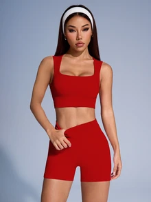 SHEIN Sovereign Charm Women Solid Color Ribbed Sports Vest And Shorts Set - Rose Red - View 5