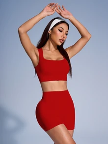 SHEIN Sovereign Charm Women Solid Color Ribbed Sports Vest And Shorts Set - Rose Red - View 4