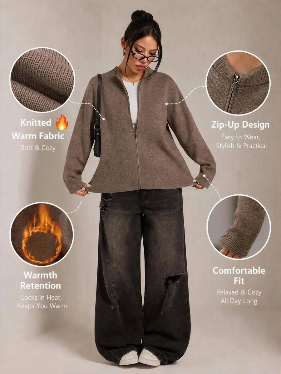 SHEIN PETITE Women's Vintage Zipper Fashion Long Sleeve Knit Cardigan - Khaki - View 1