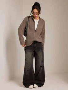 SHEIN PETITE 女款復古拉鍊時尚長袖針織開襟衫 - 卡其色 - 查看 6