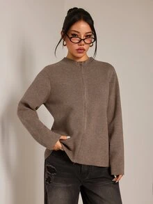 SHEIN PETITE 女款復古拉鍊時尚長袖針織開襟衫 - 卡其色 - 查看 7