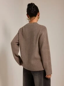 SHEIN PETITE 女款復古拉鍊時尚長袖針織開襟衫 - 卡其色 - 查看 2