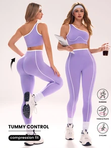 Sovereign Charm Women's Seamless Purple & White Sports Set Tummy Control Workout Set - Purple - View 4