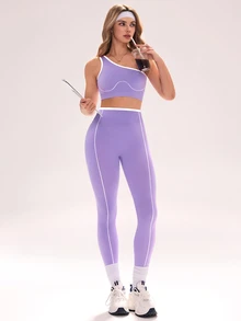 Sovereign Charm Women's Seamless Purple & White Sports Set Tummy Control Workout Set - Purple - View 5