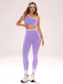 Sovereign Charm Women's Seamless Purple & White Sports Set Tummy Control Workout Set - Purple - View 6
