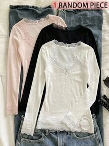SHEIN 青少年女孩秋季半開領鏤空蕾絲 2 合 1 長袖黑灰色條紋 T 恤 - 灰色 - 查看 5