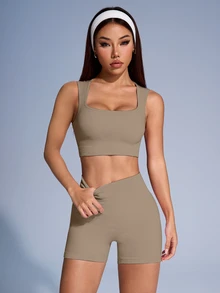 SHEIN Sovereign Charm 女款素色羅紋運動背心與短褲套裝 - 橄欖棕 - 查看 4
