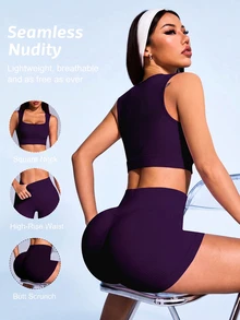 SHEIN Sovereign Charm 女士纯色罗纹运动背心和短裤套装 - Bold Plum - 查看 3