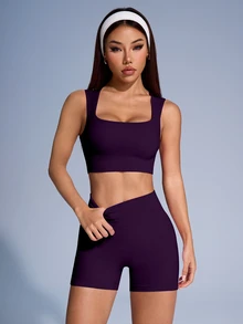 SHEIN Sovereign Charm 女士纯色罗纹运动背心和短裤套装 - Bold Plum - 查看 5