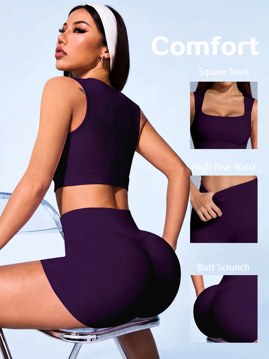SHEIN Sovereign Charm 女士纯色罗纹运动背心和短裤套装 - Bold Plum - 查看 1