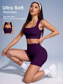 SHEIN Sovereign Charm 女士纯色罗纹运动背心和短裤套装 - Bold Plum - 查看 2