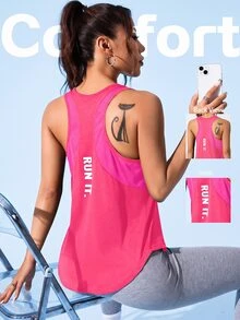 SHEIN Sovereign Charm 字母印花撞色宽松圆领无袖夏季运动背心 - 玫紅色 - 查看 1