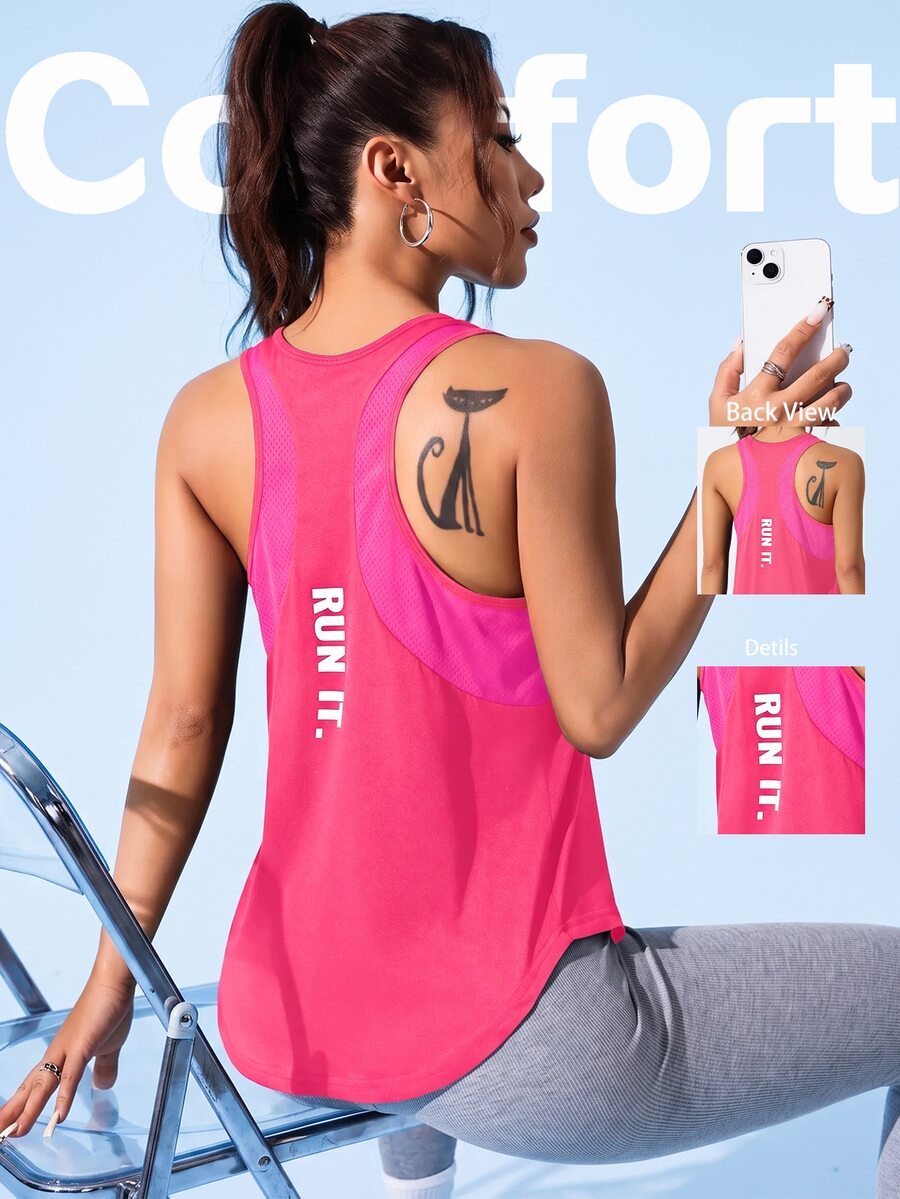 SHEIN Sovereign Charm 字母印花撞色宽松圆领无袖夏季运动背心 - 玫紅色 - 查看 1